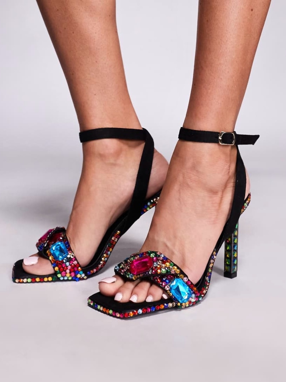 Azalea Wang Discoball Suede Jeweled High heeled sandals in black
